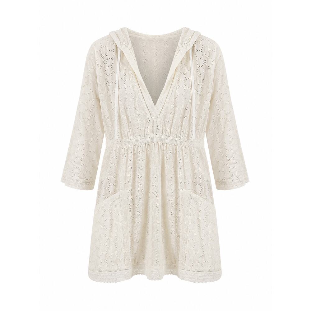 Boho Eyelet Hooded Beach Cover Up Cottagecore White Tunic M